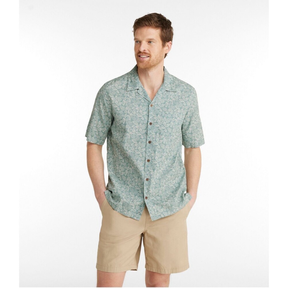 L.L. Bean Men's Short Sleeve Button-Up Tropics Delta Blue Seashells Size Large